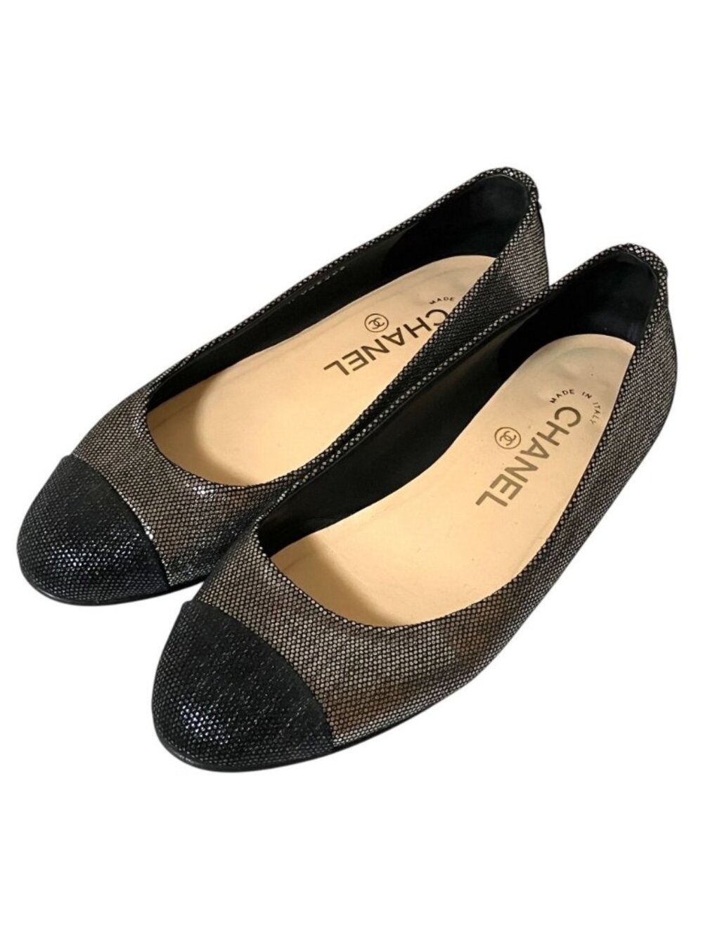 Chanel CC Logo Rhinestone Ballet Shoes Flat Pumps Silver 35.5